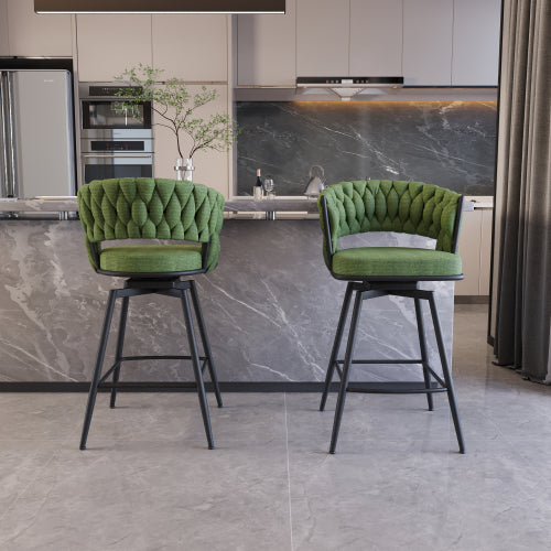 26inch Bar Chair Linen Woven Bar Stool Set of 2,Black legs Barstools No Adjustable Kitchen Island Chairs,360 Swivel Bar Stools Upholstered Bar Chair Counter Stool Arm Chairs with Back Footrest (Green)