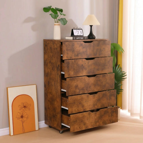 5 Drawer Dresser on Wheels Rustic Brown Rolling Chest of Drawers Mobile Storage Cabinet for Bedroom Closet, Wide Drawer Organizer, 30.71" W x 15.75" D x 44.49" H