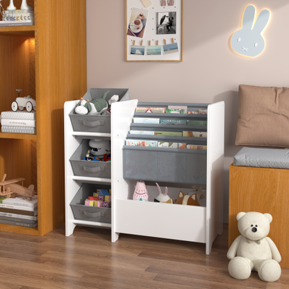 White 4-Tier Kids Bookshelf With 3 Collapsible Fabric Drawers Multi-Functional Toy Book Storage Organizer