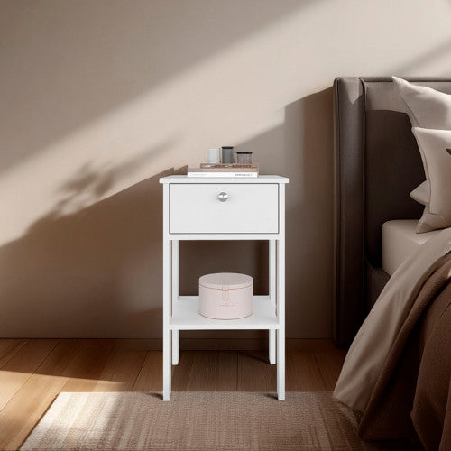 White Modern Nightstand with 1 Drawer & Open Shelf, Compact Bedside End Table