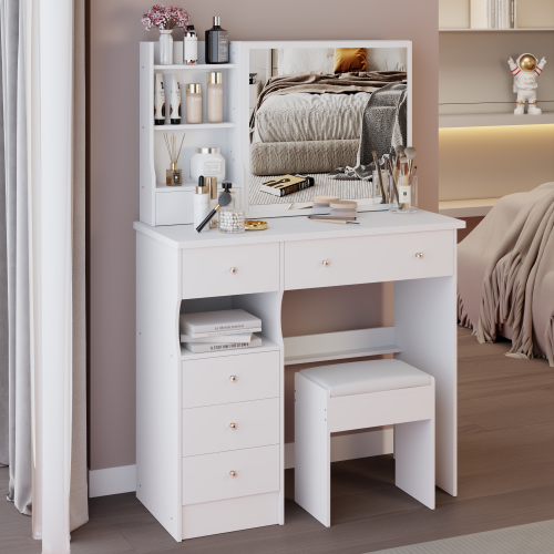 37inch  Middle Size Left Drawer Desktop Vanity Table + Cushioned Stool, Extra Large Right sliding mirror, Multi Layer High Capacity Storage, Practical Fashionable Dresser, Suitable For Large Space