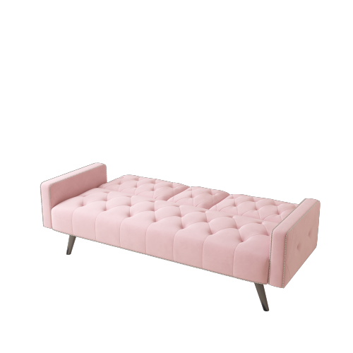 72-Inch Pink Velvet Convertible Sofa-Bed with Nail-Head Trim Dual Cup-Holders for Small-Space Living-Room