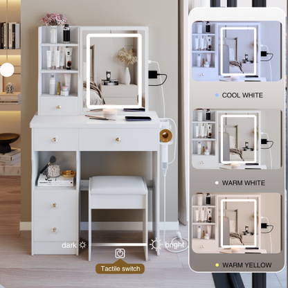 29.2inch  Small Size Left Drawer Desktop Vanity Table + Cushioned Stool, 2 AC+2 USB Power Station, Hair dryer bracket, Extra Large Touch Control Sliding LED Mirror, Tri-color Switching, Brightness Adjust