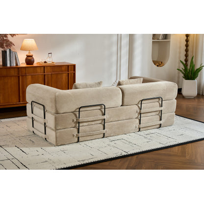 Beige Corduroy Convertible Sleeper Sofa Bed with Cylindrical Pillow