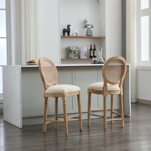 Solid Wood Bar stools Set of 2 Classic French Country Wooden Barstools with Upholstered Seating  Kitchen Bar Stool for Bar Counter Rattan - Beige