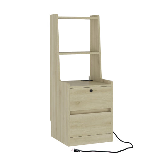 Nightstand with Charging Station, Smart Nightstand with Night Light, Modern Night Stand with Bookshelf, Bedside Tables with Storage Cabinet for Bedroom, Wood