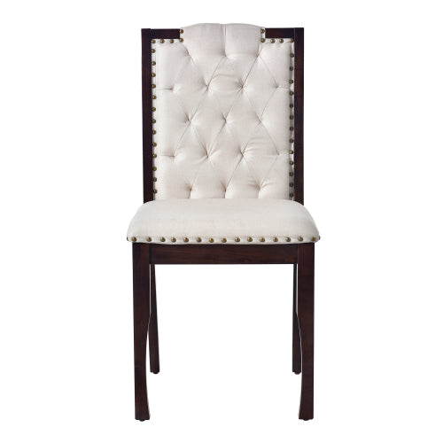 Set of 4 Beige Upholstered Dining Chairs, Diamond Tuft High Back, Nailhead Trim, Rubber Wood Espresso Legs
