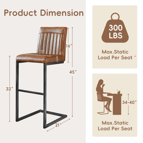 Back Brown Faux Leather Bar Stool ¨C Sturdy Black Metal Frame & Padded Seat, Stylish Seating for Kitchen Island, Home Bar & Dining Counter,2 Sets