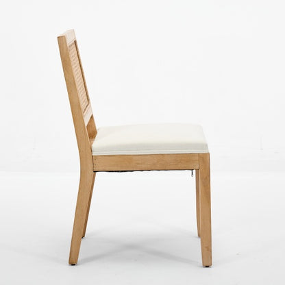Set of 2 Beige Farmhouse Cane Rattan Dining Chairs, Distressed Solid Hardwood Frame Linen Upholstered Side Chairs 300 LBS Load