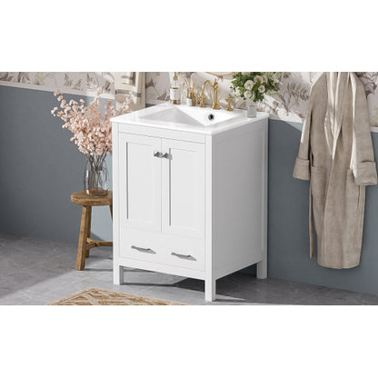 24-inch bathroom vanity with integrated undermount basin and a storage cabinet featuring 2 doors and 1 drawer. Includes double-layer door shelf, soft-close design, and versatile storage solutions