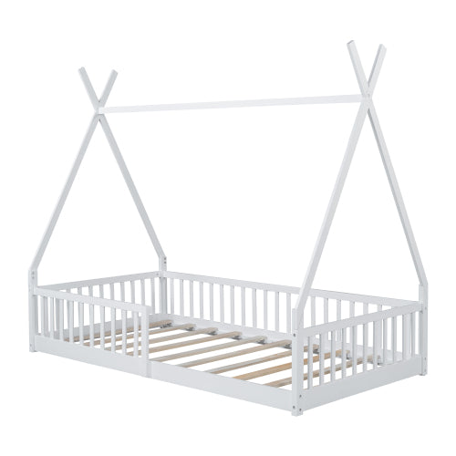 Twin Size Wood House Bed with Fence, White
