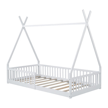 Twin Size Wood House Bed with Fence, White