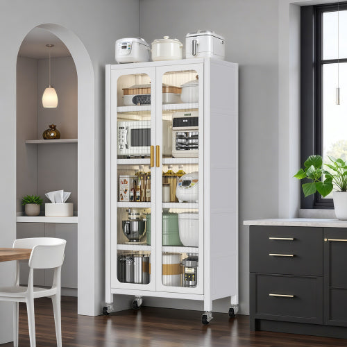 65" Kitchen Pantry Storage Cabinet, 6 Tier Metal Display Storage Cabinet with Transparent Door, Adjustable Shelves & Wheels, Food Pantries Cabinets, for Kitchen, Living Room and Dining Room, White