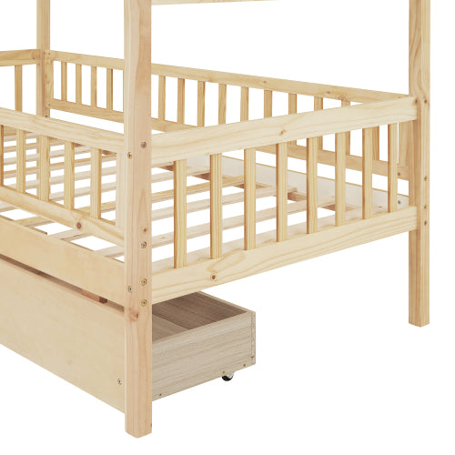 Twin Size Wooden House Bed with Two Drawers, Natural
