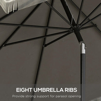 9ft Patio Umbrella with Push Button Tilt and Crank, Ruffled Outdoor Market Table Umbrella with Tassles and 8 Ribs, for Garden, Deck, Pool, Dark Gray