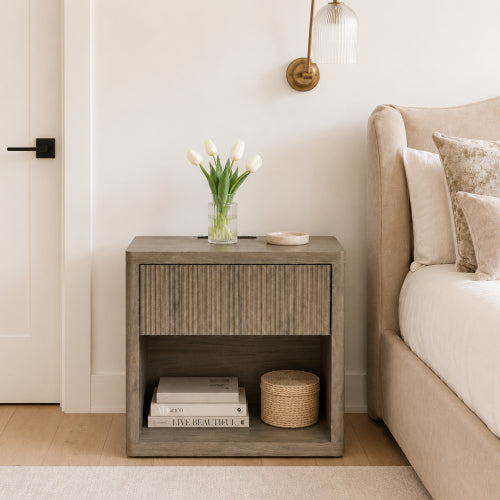 Grey Alder Large Fluted Nightstand, EPA Certified Wood Mid-Century Bedside Table with Drawer & Open Space