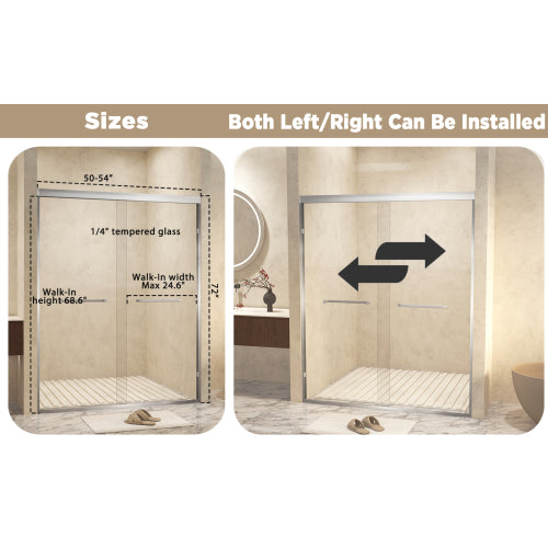 50-54 " x 72" Tempered Glass with Explosion Proof Film, Aluminum Frame Double Sliding Shower Door, "1/4 (6 mm), Stainless Steel handle,Brushed Nickel
