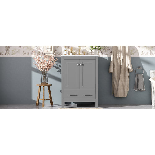 24-inch bathroom vanity with integrated undermount basin and a storage cabinet featuring 2 doors and 1 drawer. Includes double-layer door shelf, soft-close design, and versatile storage solutions