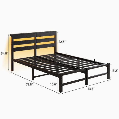 Full Size Metal Bed Frame with Wooden Headboard, RGB Lights, Outlets & Charger, Storage Shelf, Noise-Free, No Box Spring Needed