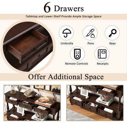 54 Inch Solid Wood Console Table with 6 Drawers & Shelf Espresso Brown