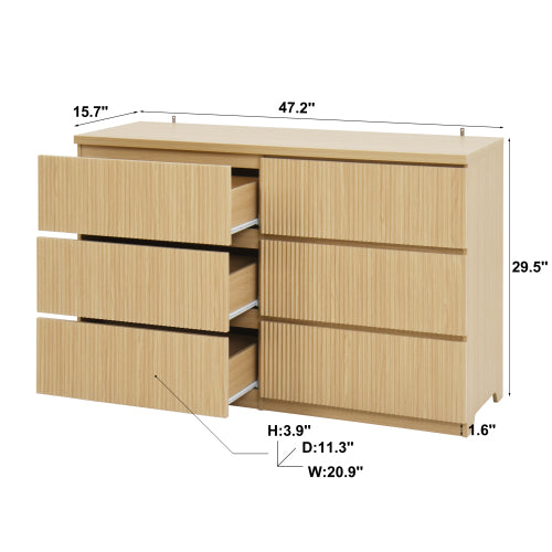 6 Drawer Storage Cabinet ,Dresser, Wood Storage Tower Clothes Organizer with Wavy drawer panel, Wide Chest of 6 Drawers, Large Storage Space for Bedroom, Hallway, Entryway Living Room Natural