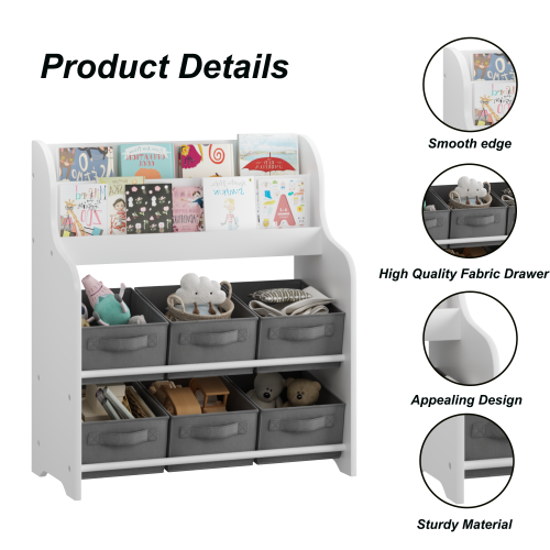 Kids Bookshelf With 6 Fabric Bins Front Display Toy Book Storage Cabinet