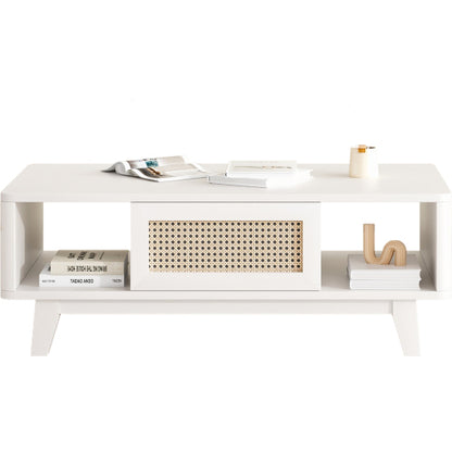 Coffee Table, Mid Century Living Room Tables with Storage, Modern Square with Rattan Drawer, Wooden Living Room Table with Solid Wood Leg