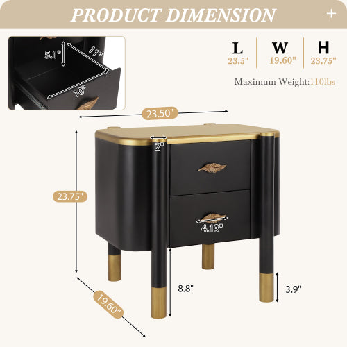 Black Curved Nightstand, 2-Drawer Bedside Table with Feather-Shaped Metal Handles & Tall Legs