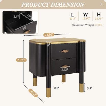 Black Curved Nightstand, 2-Drawer Bedside Table with Feather-Shaped Metal Handles & Tall Legs