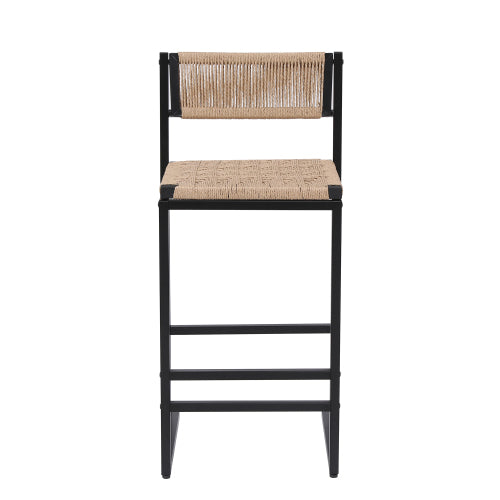 Kitchen Bar Stools with Footrest Set of 2 Paper Rope Weave Dining Chairs Counter Height Barstool (Style B Black & Honey)