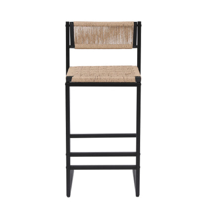 Kitchen Bar Stools with Footrest Set of 2 Paper Rope Weave Dining Chairs Counter Height Barstool (Style B Black & Honey)