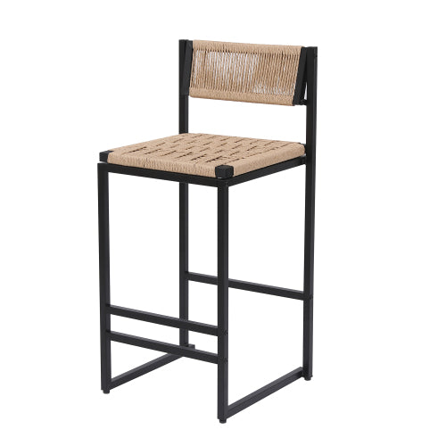Kitchen Bar Stools with Footrest Set of 2 Paper Rope Weave Dining Chairs Counter Height Barstool (Style B Black & Honey)