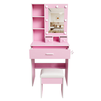 Pink Compact LED Vanity Table Set, Power Outlet, Hairdryer Holder, Drawers & Upholstered Stool