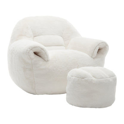 White Faux-Fur Bean Bag Sofa Chair with Back Support & Matching Footstool