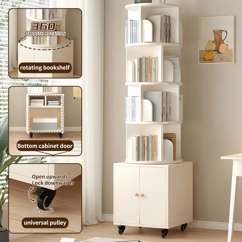 White 5-Tier Rotating Bookshelf with Double Door Drawer, Slim Wooden Corner Storage Cabinet for Home