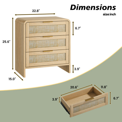Rattan Nightstand 3 Drawers, 22.8inch  Wide Curved Wooden Bedside Table, Modern Storage for Bedroom, Natural Oak.