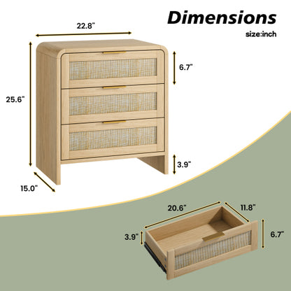 Rattan Nightstand 3 Drawers, 22.8inch  Wide Curved Wooden Bedside Table, Modern Storage for Bedroom, Natural Oak.