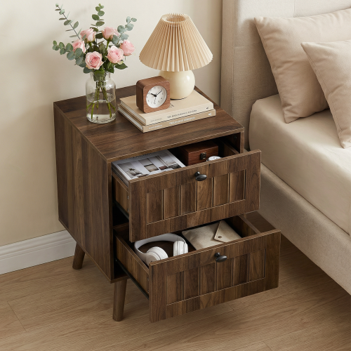 2-Pack Walnut Medieval Retro Nightstand, 2 Drawers with Solid Wood Legs & Silent Slides