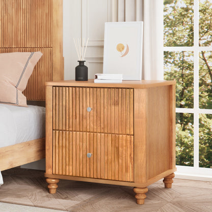 Fluted Nightstand with 3 Drawers, Mid Century Modern Wood Bedside Table