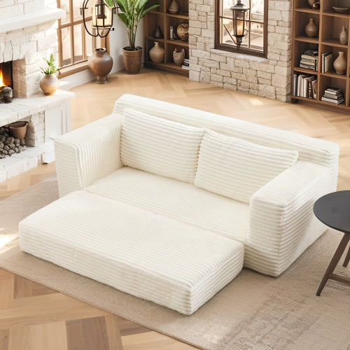 Beige Memory-Foam Convertible Compression Loveseat Sofa-Bed Corduroy No-Assembly Couch for Small Apartment