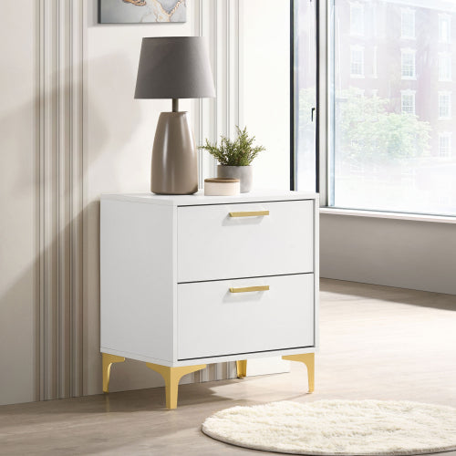 White and Gold 2-Drawer Nightstand, Modern Bedside Table with Gold Metal Accents