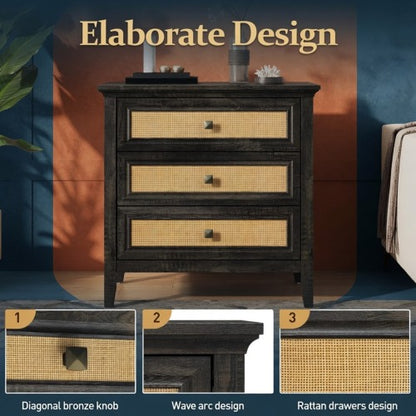 29.5-Inch Wide Boho Nightstand with 3 Drawers, Tall Rattan End Table with Storage