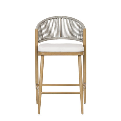 Outdoor 26" Seat Height Aluminum Frame Counter Stools with PE Rattan Scallop-shaped Backrest, Set of 2, Maple Finish