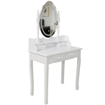 White Princess Vanity Desk Set with Mirror & Cushioned Stool,Light Modes,4-Drawer Wooden Makeup Vanity Table for Girls' Bedroom, Dressing Table with Ample Storage