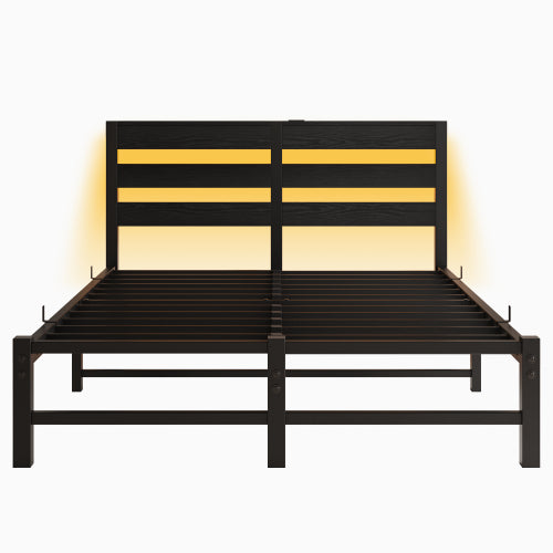 Full Size Metal Bed Frame with Wooden Headboard, RGB Lights, Outlets & Charger, Storage Shelf, Noise-Free, No Box Spring Needed