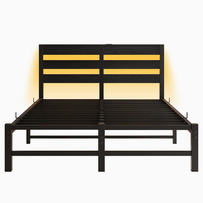 Full Size Metal Bed Frame with Wooden Headboard, RGB Lights, Outlets & Charger, Storage Shelf, Noise-Free, No Box Spring Needed