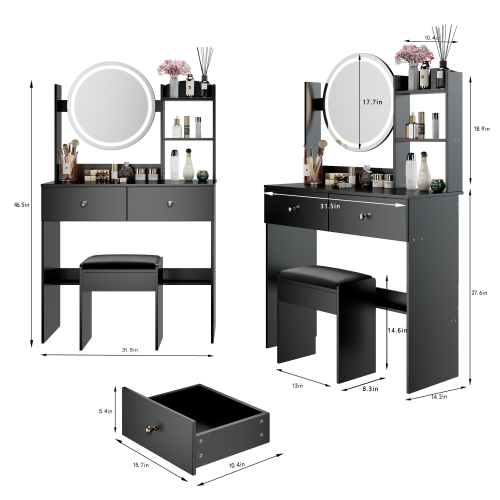 17inch  Round LED Mirror Vanity Table + Soft Cushion Stool Set, Large Mirror, Touch Switch, 3 colors, Adjustable Brightness, Large Desktop, Multi-layer High Capacity Storage, Suitable For Small Space