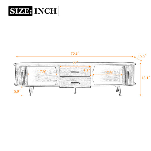 70.8 Inch Dark Brown Mid-Century Sliding Door TV Stand Solid Wood Leg Media Console Fits 80 Inch TV