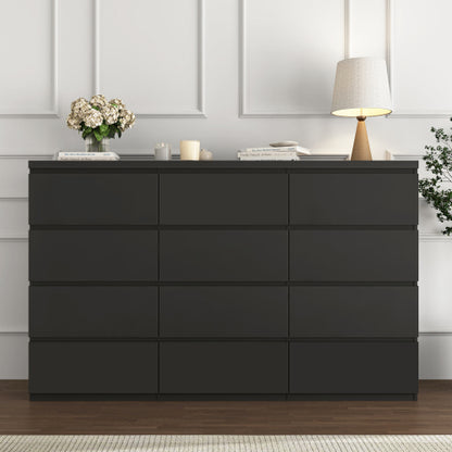 12 Drawers Double Dresser, Modern Wood Dresser Chest of Drawers with Large Storage Space for Bedroom, Black