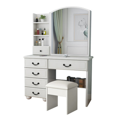 White Makeup Vanity Table with Mirror & Lights, 3 Color LED, 6 Drawers, Tabletop Shelf, Side Shelves & Sliding Glass Door